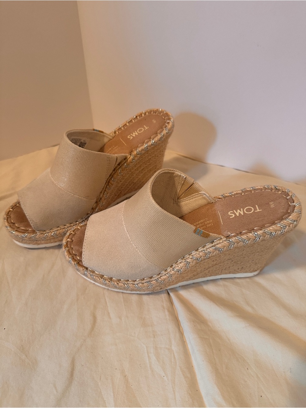 TOMS Beige Canvas Espadrille Wedge Slides